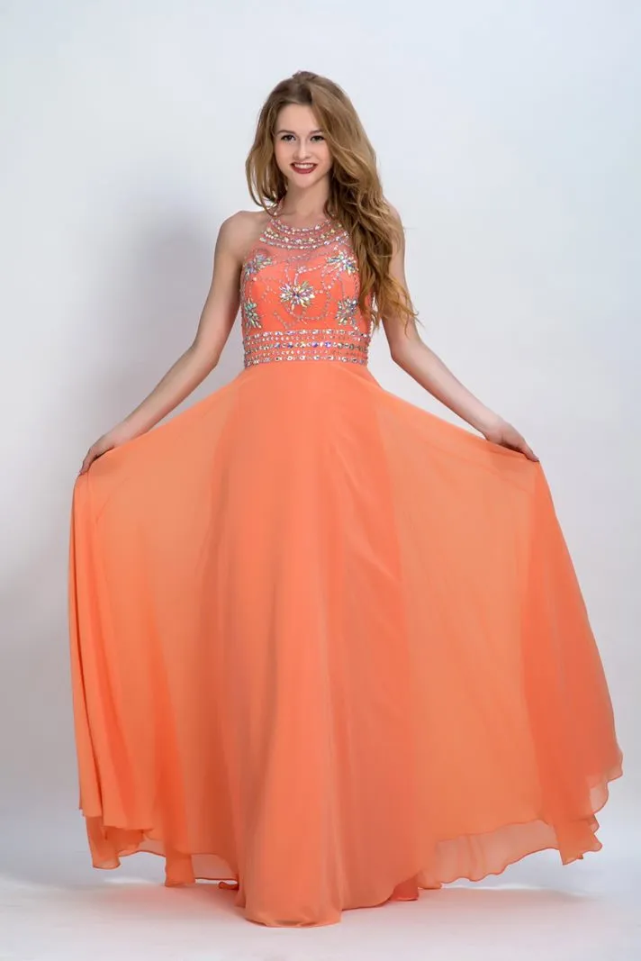 ---Sposamore ON LINE orange formal dress made in chiffon with halter neckline, open back and many decorations of sparkling stone