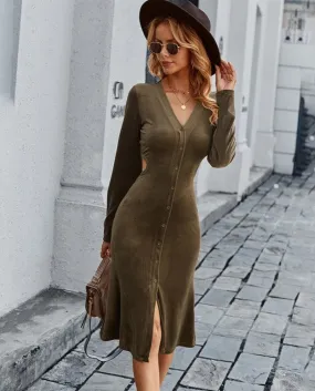 Autumn Winter Female Cut Out  Rosy Split Bodycon Formal Dresses Women V Neck Long Sleeve Elegant Tight Prom Dress