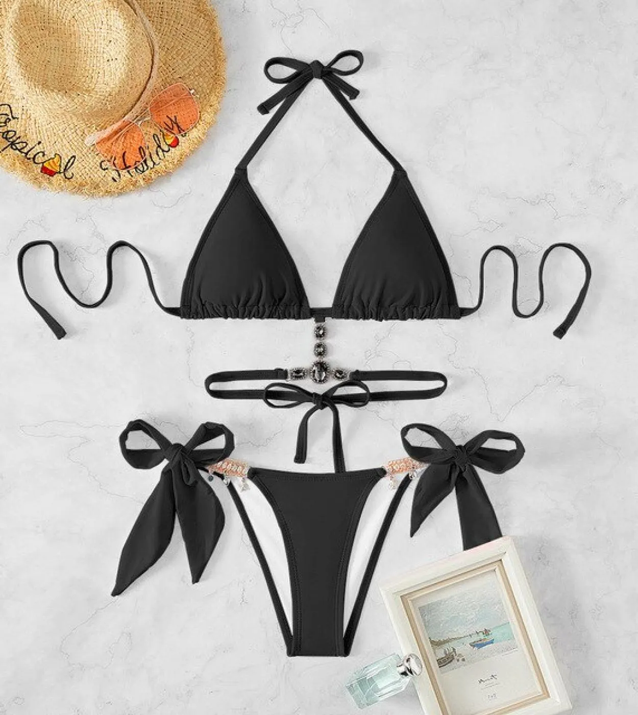 Bikini 2022 Costume da bagno a triangolo con strass di cristallo nero Costume da bagno da donna Bikini da donna Costume da bagno