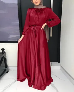 Casual Solid Color Maxi Dress Woman 2022 Spring Autumn Long Sleeve Muslim Robe For Women Clothing Festival Elegant Party