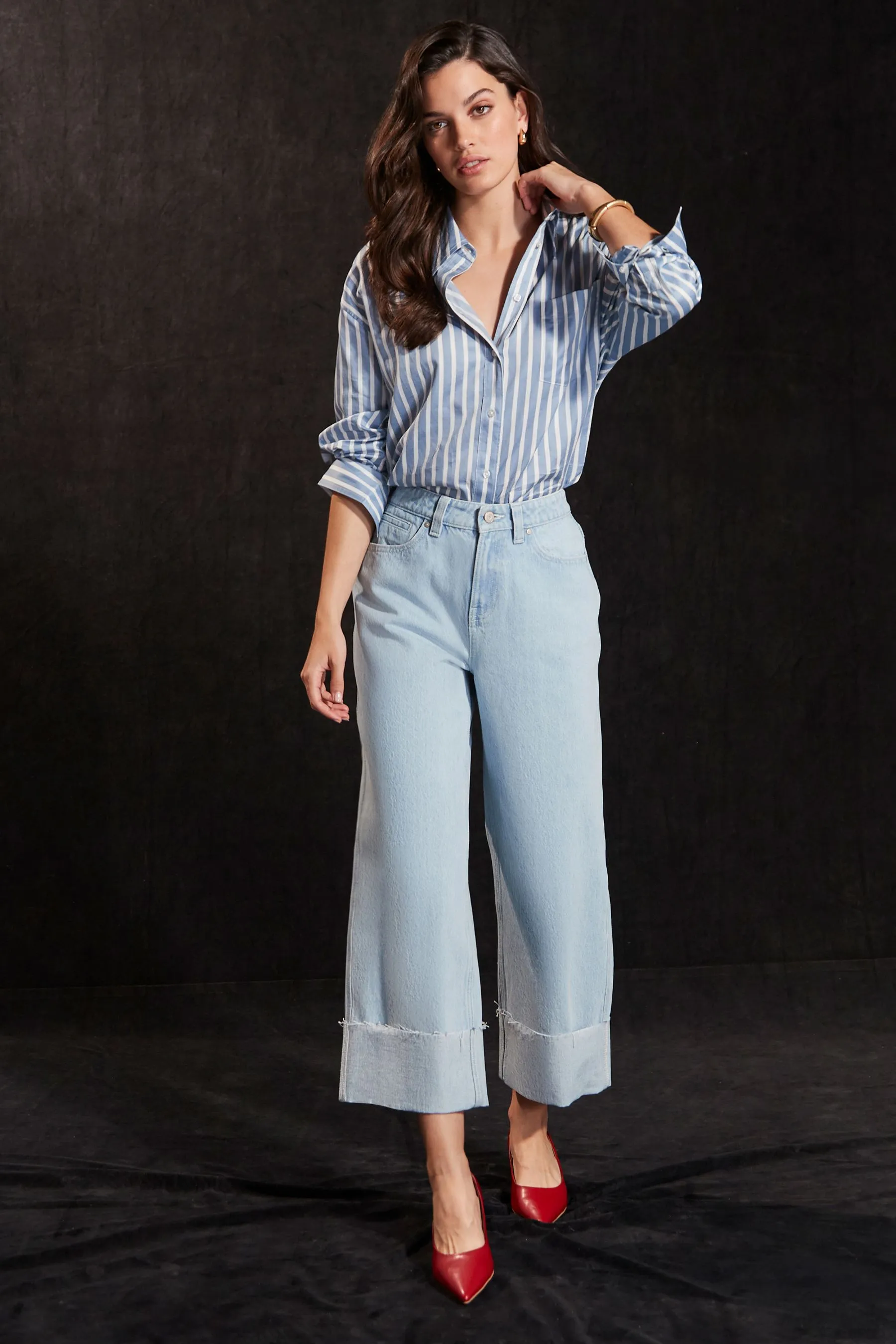 Cropped Turn Up Wide Leg 100% Cotton Jeans    