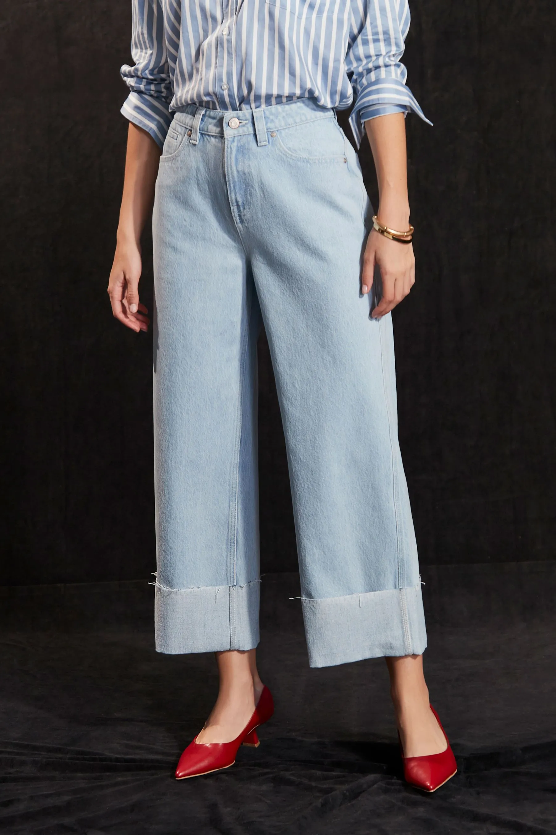 Cropped Turn Up Wide Leg 100% Cotton Jeans    