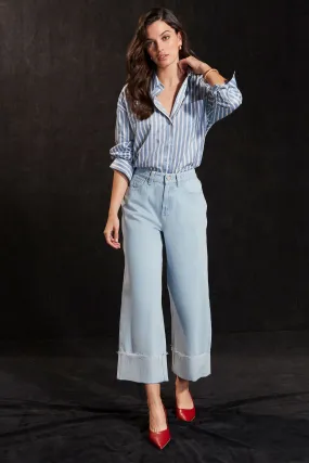 Cropped Turn Up Wide Leg 100% Cotton Jeans    