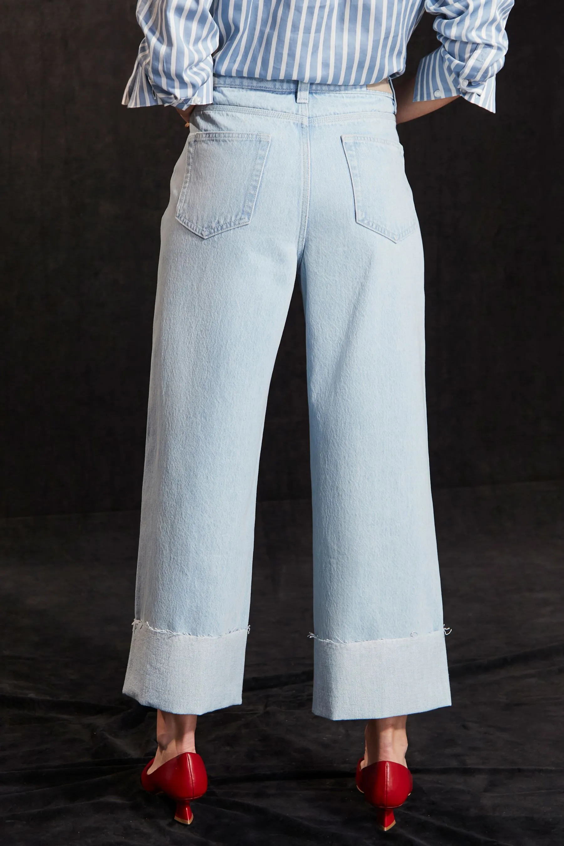 Cropped Turn Up Wide Leg 100% Cotton Jeans    