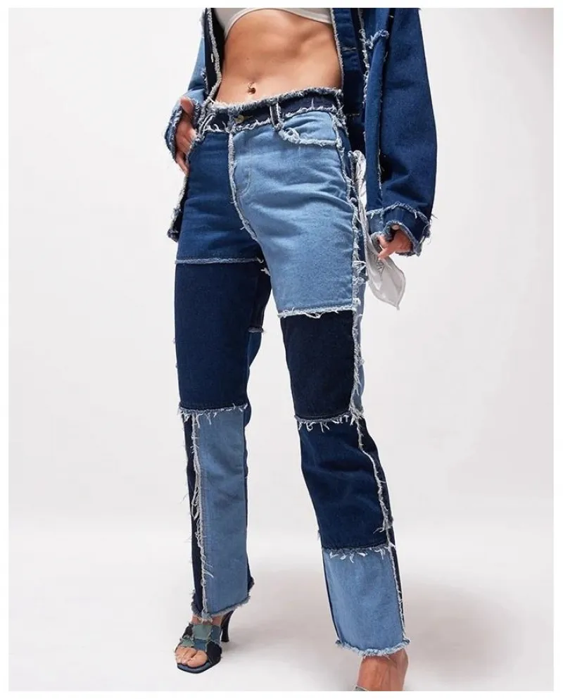 Factory Direct Sales  And  Trend Mixed Color Splicing High Waist Hip Lift Straight Jeans Contrasting Color Casual Trouse