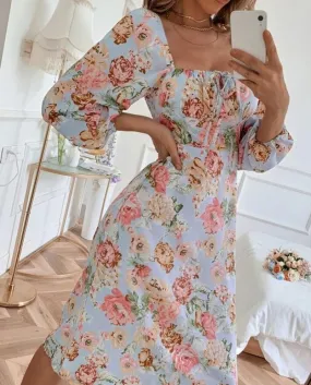 Female Long Sleeve Floral Backless Elegant Dresses For Women Square Collar Lace Up Puff Sleeve  Dress