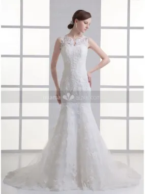 KSENIYA - A-line Mermaid Chapel train Tulle High round/Slash neck Wedding dress