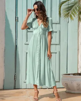 Split Maxi Summer Elegant Dresses For Women Solid Color Female Lace Up V Neck Long Dress Casual Clothes