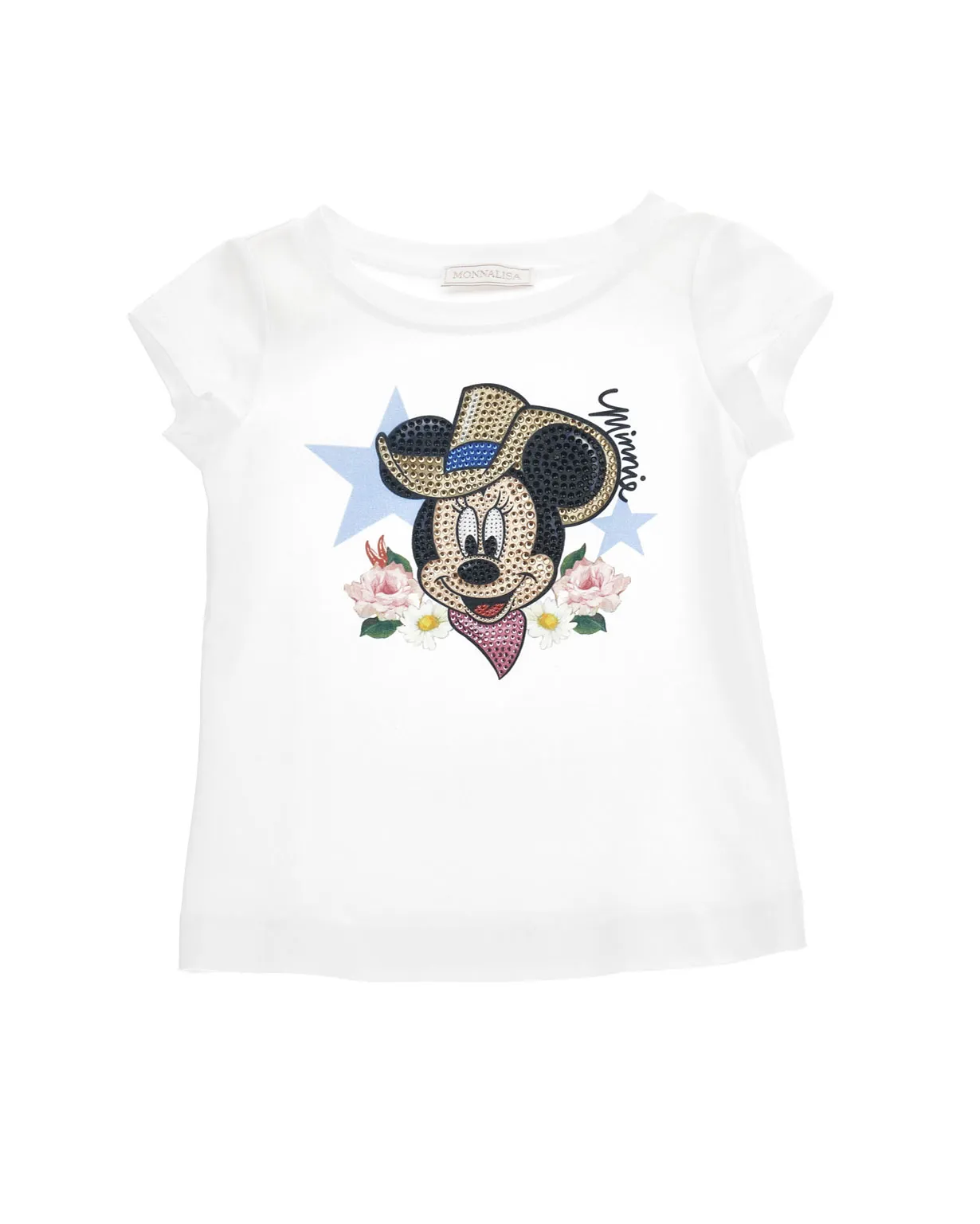 T-shirt bianca in cotone a maniche corte con stampa 'Minnie rodeo' con strass 4-10 anni