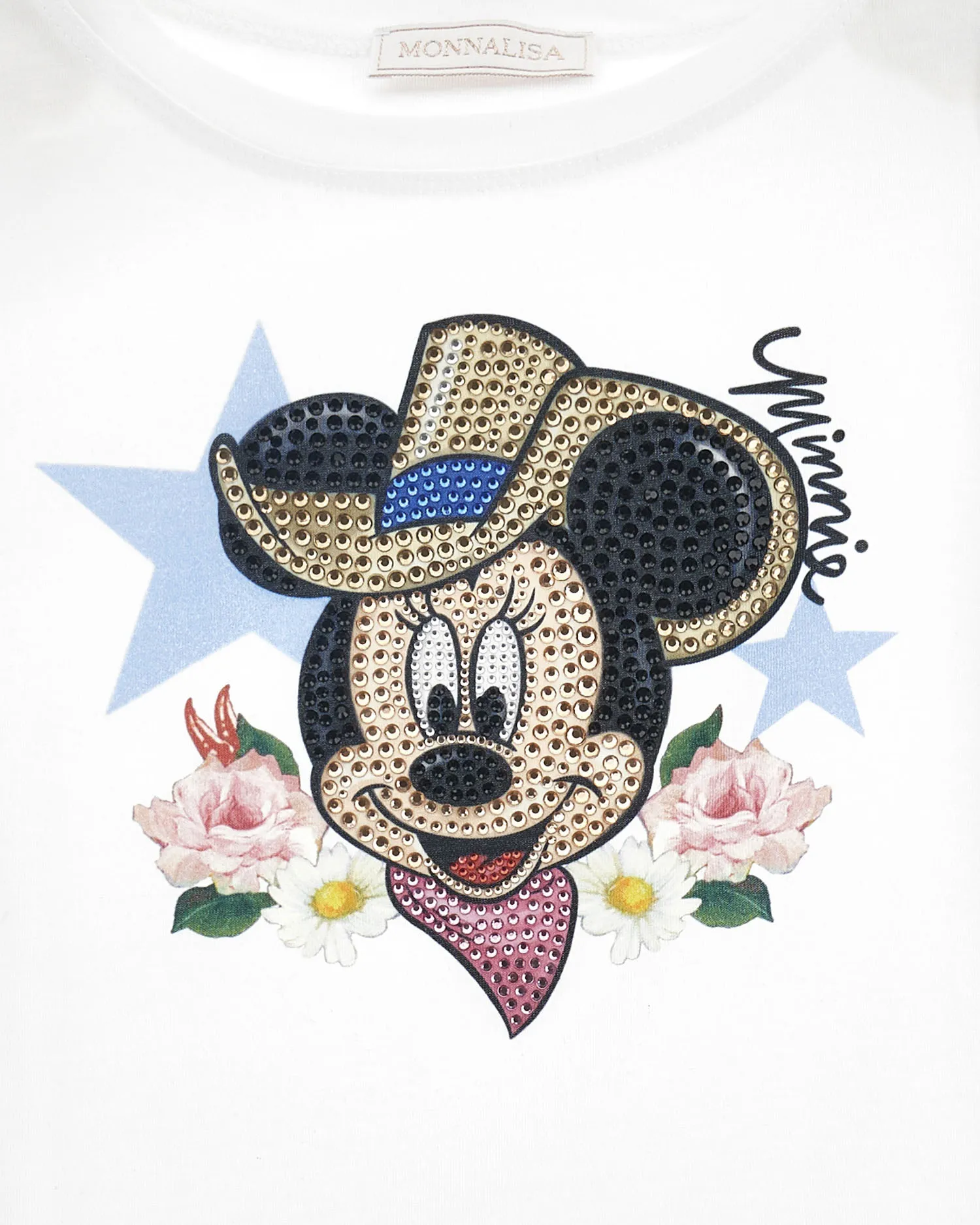 T-shirt bianca in cotone a maniche corte con stampa 'Minnie rodeo' con strass 4-10 anni