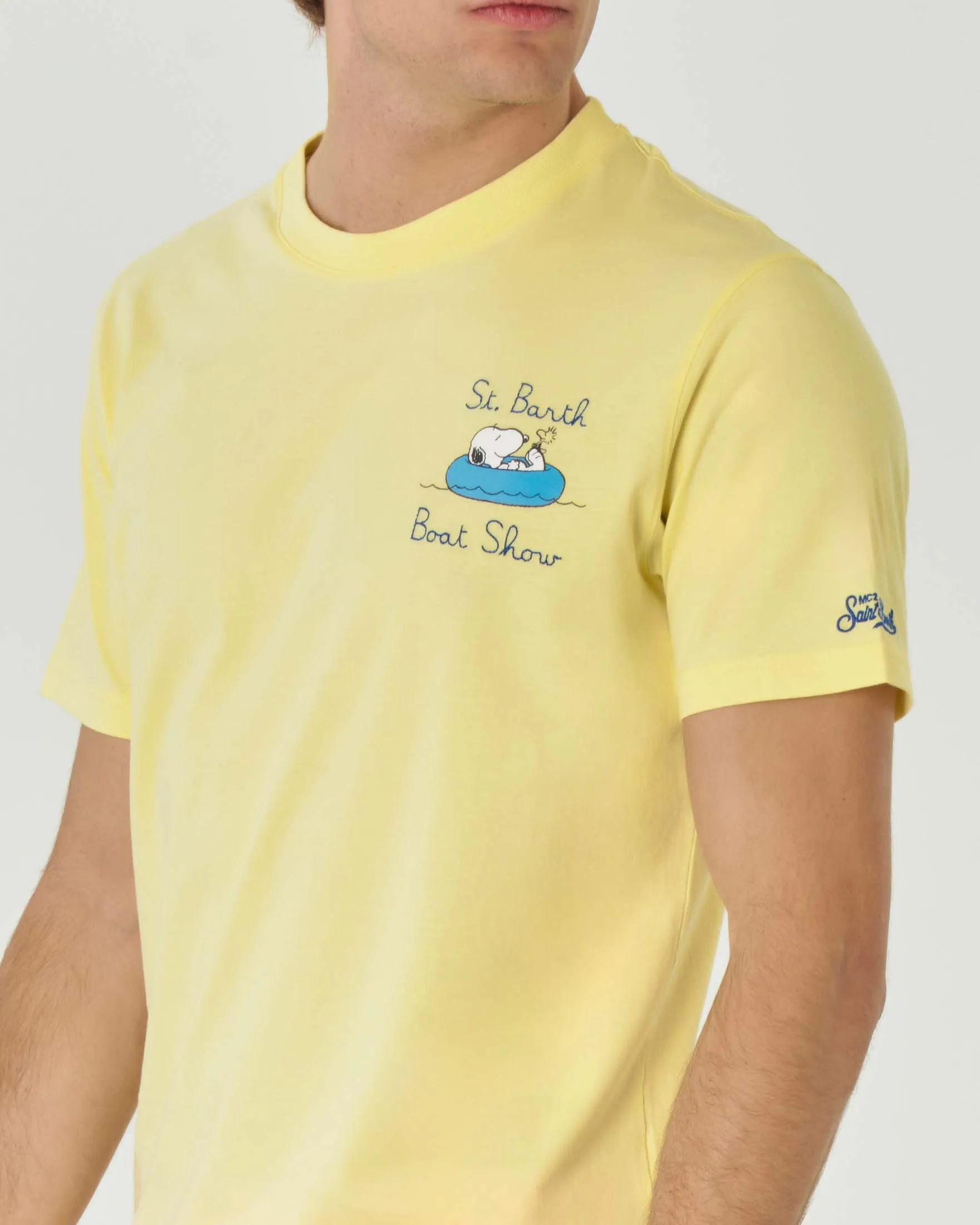 T-shirt gialla mezza manica in cotone con stampa Snoopy Boat sul petto