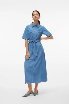 VERO MODA Manica corta Denim - Abito midi con cintura